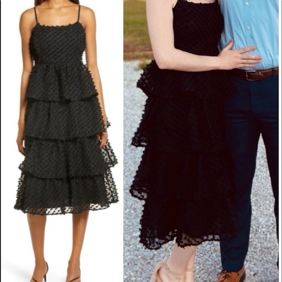 ❤️ Lulus Flirting with You Black Tiered Pom Pom Midi Dress - Picture 12 of 17